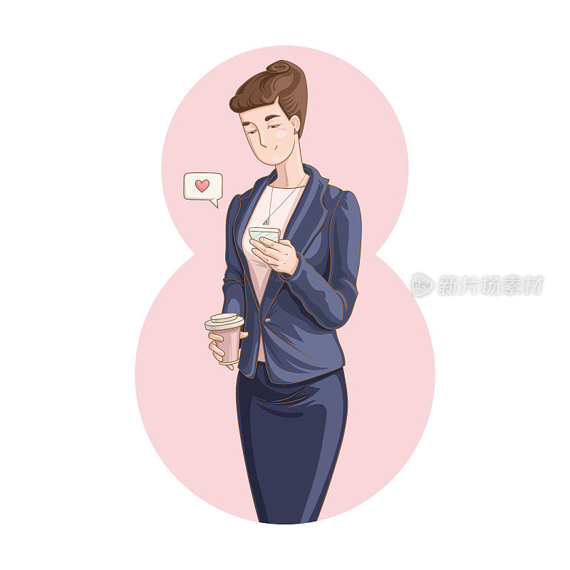 Businesswoman holding a cup of coffee and using mobile phone